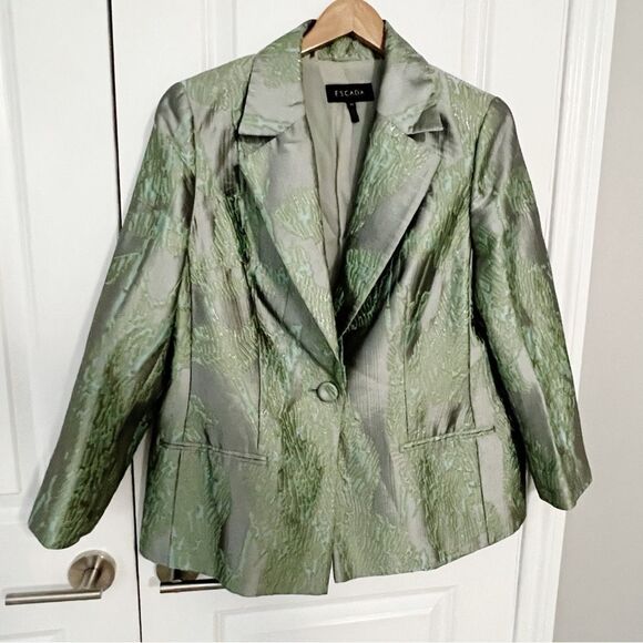 Escada Pant Suit Blazer Jacket Green Silver Metallic Floral Size 44 XL - Picture 7 of 14